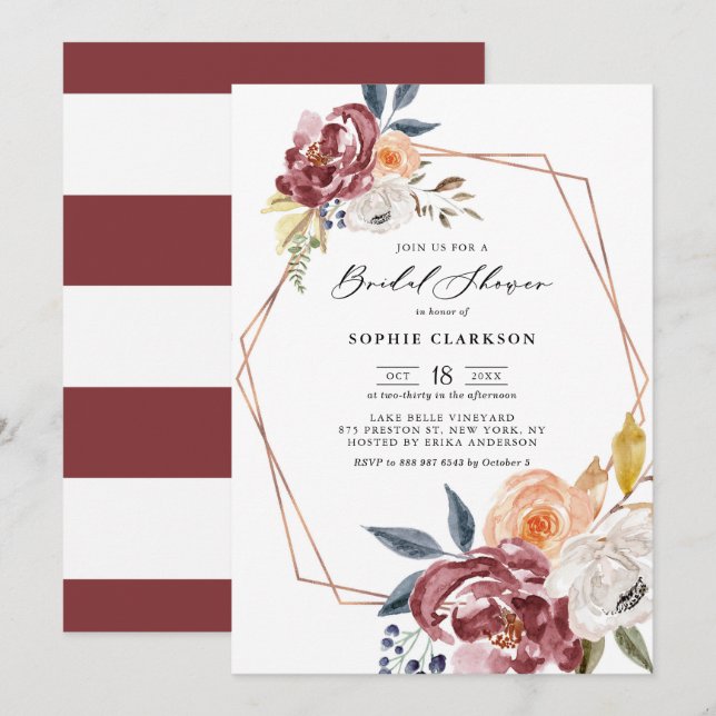 Marsala Autumn Flowers Geometric Bridal Shower Invitation (Front/Back)