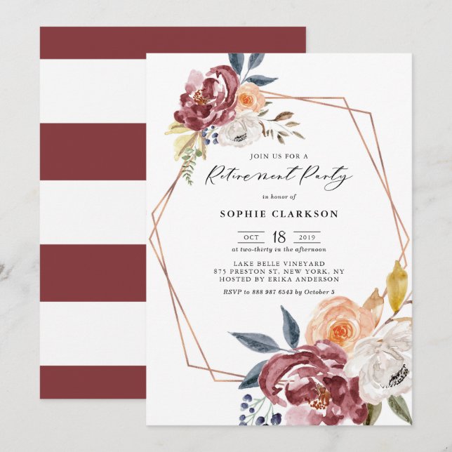 Marsala Autumn Flowers Geometric Retirement Party Invitation (Front/Back)