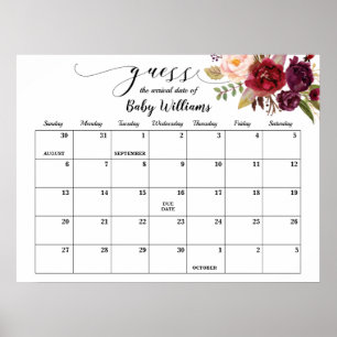 Marsala Baby Shower Guess Due Date Calendar Poster