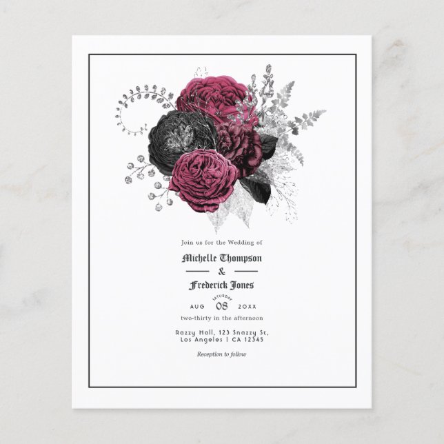 Marsala, Black and Silver Floral Gothic Wedding Flyer (Front)