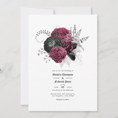 Marsala Black and Silver Floral Gothic Wedding Invitation