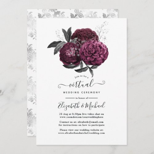 Marsala Black and Silver Floral Virtual Wedding Invitation