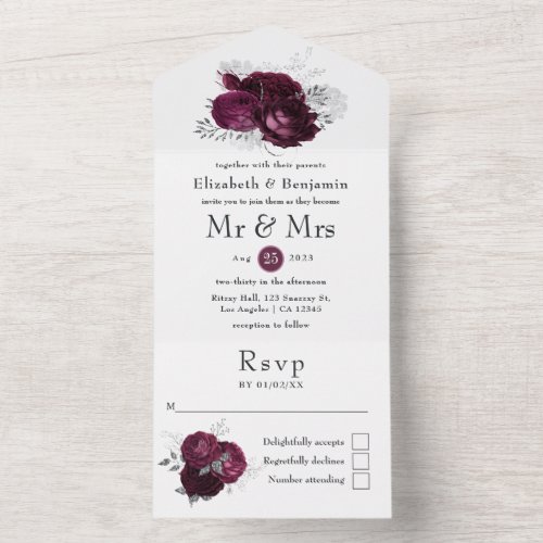 Marsala Black and Silver Floral Wedding All In On All In One Invitation