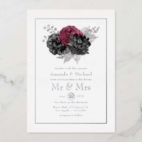 Marsala Black and Silver Floral Wedding Foil Invi Foil Invitation