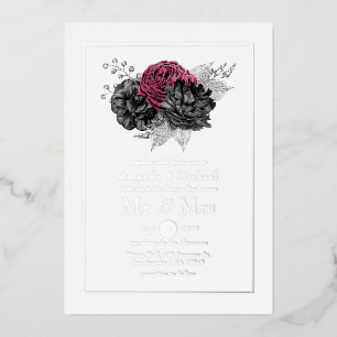Marsala, Black and Silver Floral Wedding Foil Invi Invitation