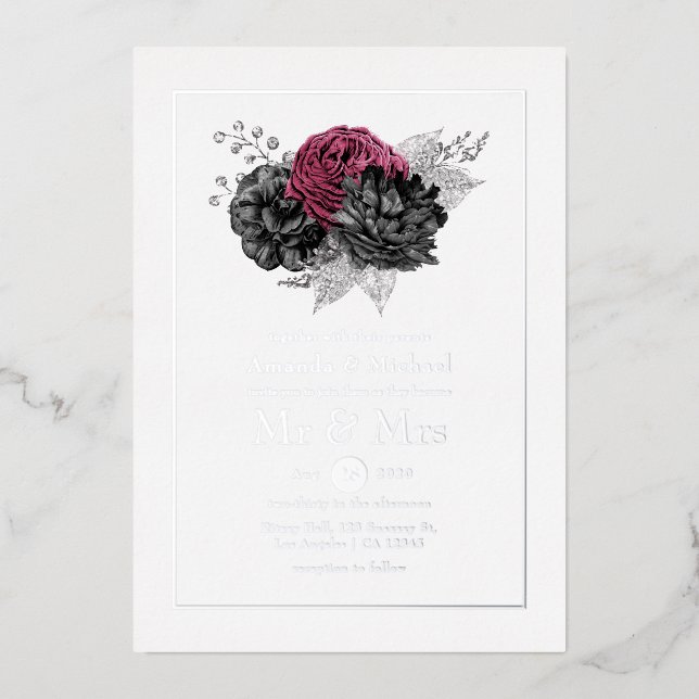 Marsala, Black and Silver Floral Wedding Foil Invi Invitation (Front)