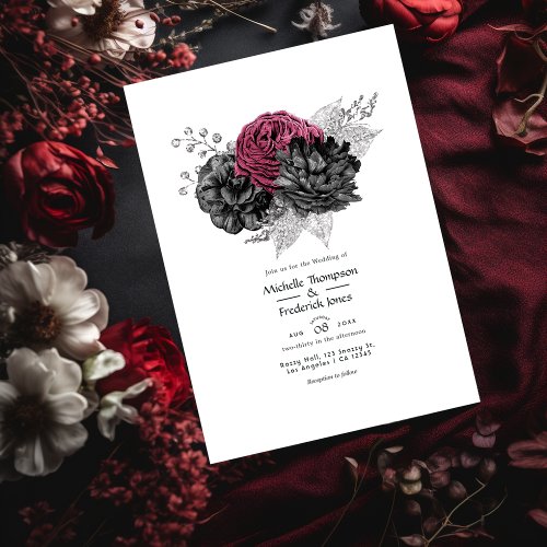 Marsala Black and Silver Floral Wedding Invitation