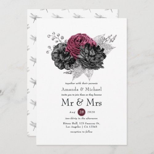 Marsala Black and Silver Floral Wedding Invitation