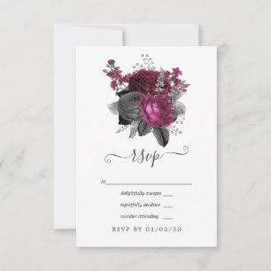 Marsala, Black and Silver Floral Wedding RSVP Card