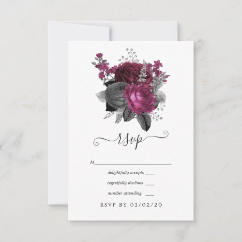 Marsala Black and Silver Floral Wedding RSVP Card