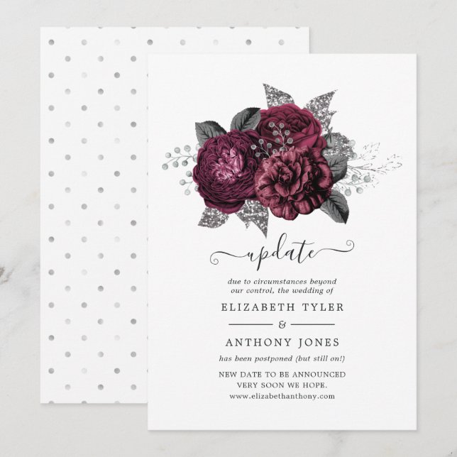 Marsala, Black and Silver Floral Wedding Update Invitation (Front/Back)
