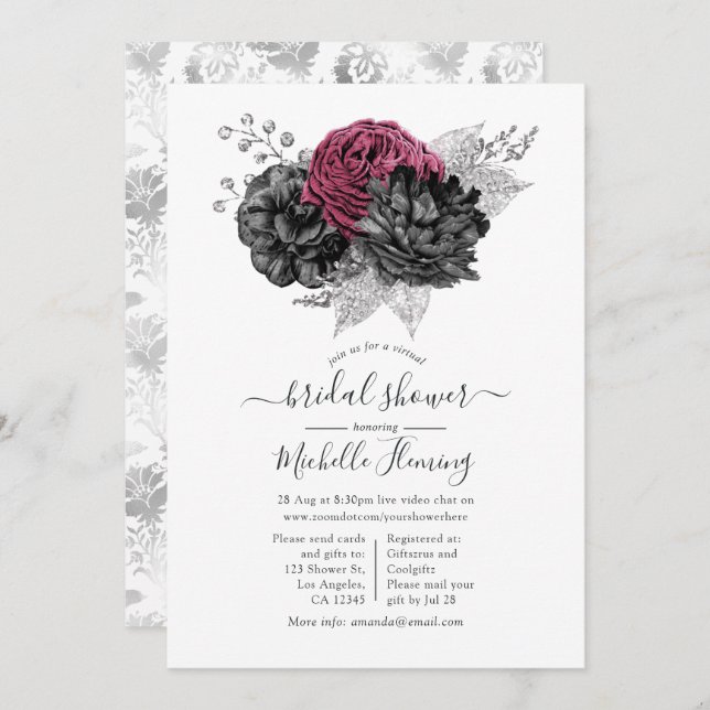 Marsala, Black and Silver Virtual Bridal Shower Invitation (Front/Back)
