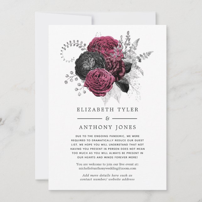 Marsala, Black & Silver Floral Wedding Guest List Announcement (Front)