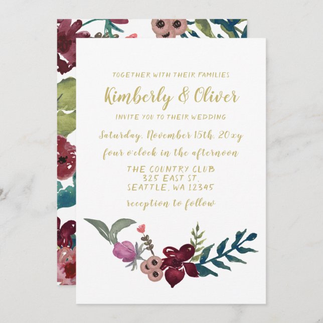 Marsala blush and gold floral wedding invitations (Front/Back)
