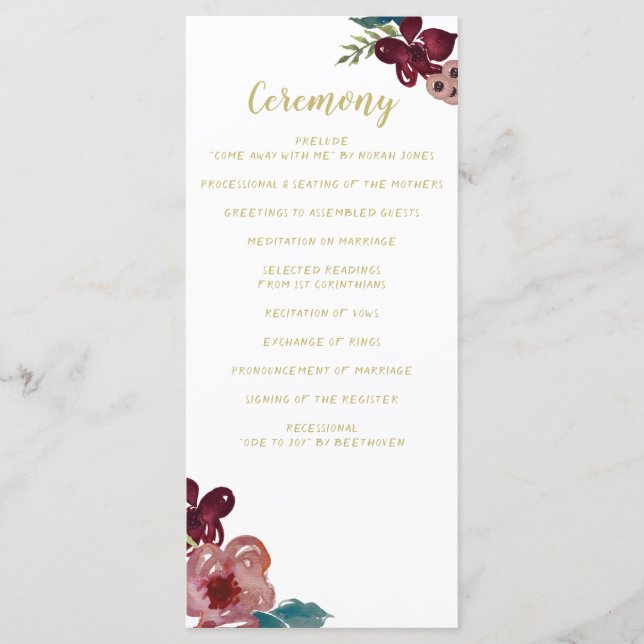 Marsala blush and gold floral wedding programs (Front)