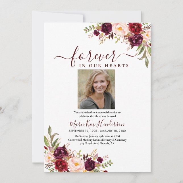 Marsala Blush Boho Memorial Service Funeral Photo Invitation (Front)