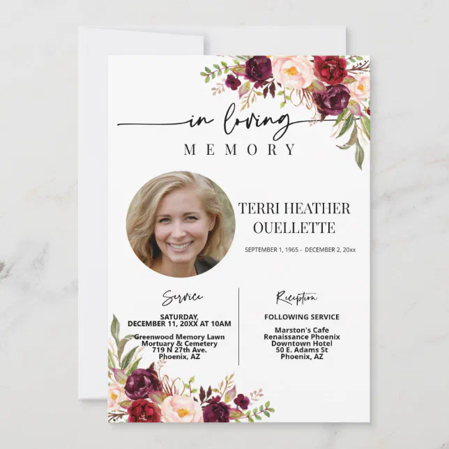 Marsala Blush Boho Photo Funeral Memorial Service Invitation | Zazzle