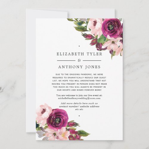 Marsala  Blush Floral Wedding Reduced Guest List Announcement