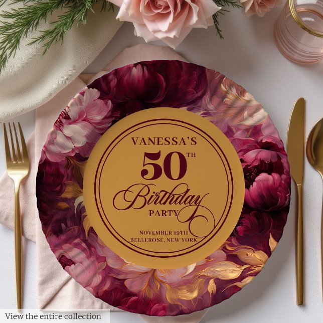 Marsala blush gold floral woman 50th birthday paper plates (Marsala blush gold floral woman 50th birthday Paper Plates)