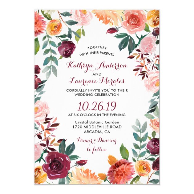 Marsala Blush Pink Botanical Flower Wreath Wedding Invitation