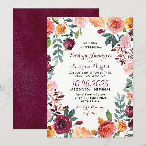 Marsala Blush Pink Botanical Flower Wreath Wedding Card