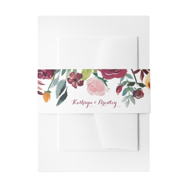 Marsala Blush Pink Botanical Flowers Wedding Invitation Belly Band (Front Example)
