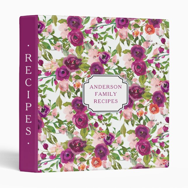 Marsala & Blush Pink Floral Family Recipe 3 Ring Binder (Front/Spine)