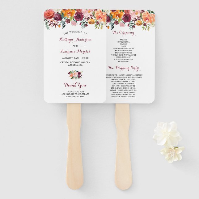 Marsala Blush Pink Floral Wedding Program Hand Fan (Front and Back)