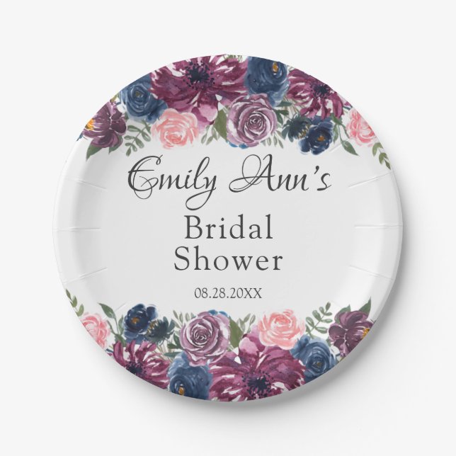 Marsala Blush Pink Navy Peony Bridal Shower Paper Plates (Front)