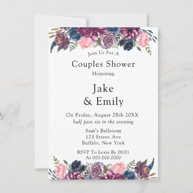 Marsala Blush Pink Navy Peony Couples Shower Invitation (Front)