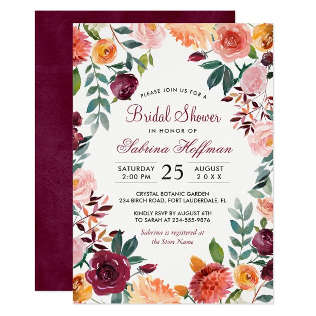 Marsala Blush Pink Watercolor Flower Bridal Shower Invitation