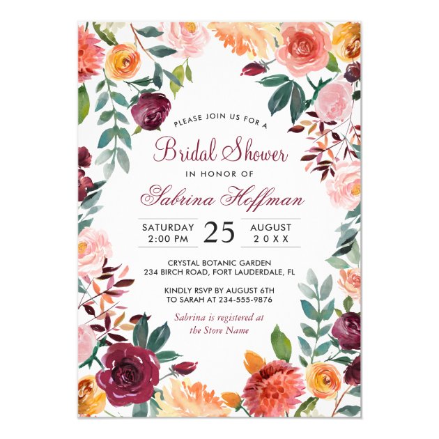 Marsala Blush Pink Watercolor Flower Bridal Shower Invitation