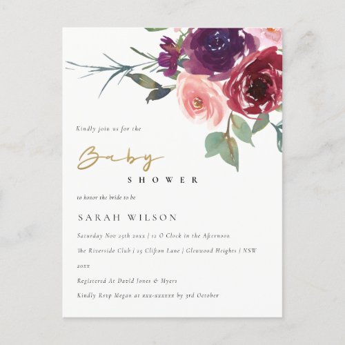 MARSALA BLUSH ROSE WATERCOLOR FLORAL BABY SHOWER INVITATION POSTCARD