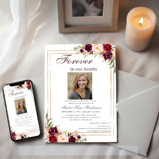 Marsala Boho Gold Memorial Service Funeral Photo Invitation
