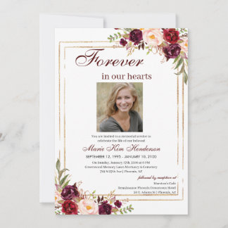 Marsala Boho Gold Memorial Service Funeral Photo Invitation