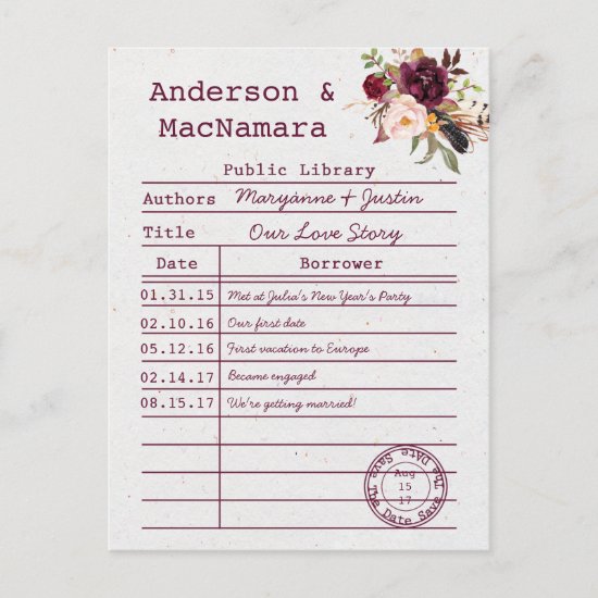 Marsala Boho Library Card Save The Date