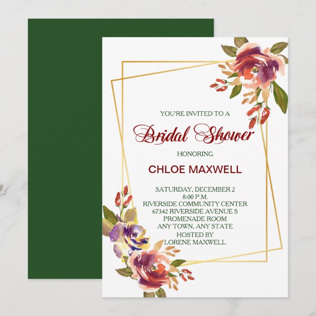 Marsala Bronze Roses Bridal Shower Invitation (Front/Back)