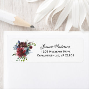 Marsala Burgundy and Blue Watercolor Floral Label