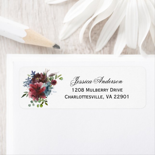 Marsala Burgundy and Blue Watercolor Floral Label (Insitu)
