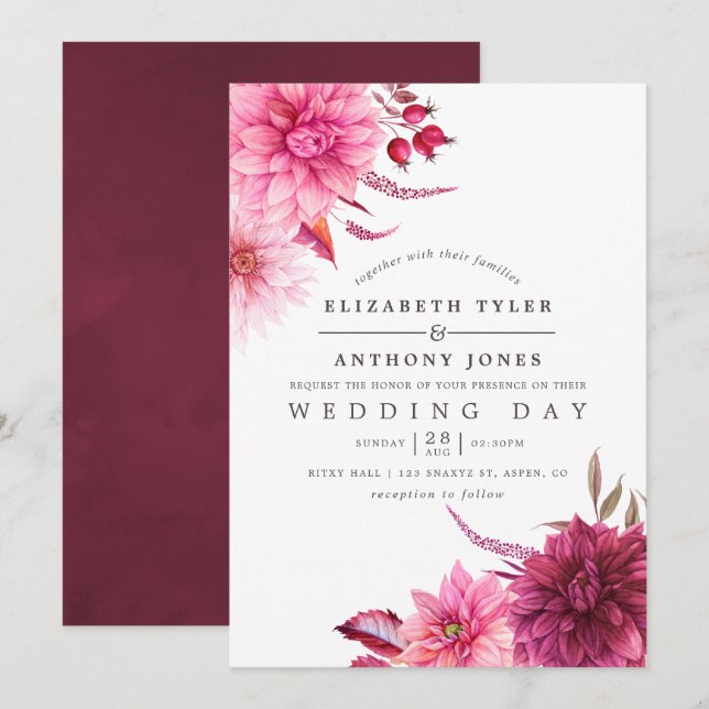Marsala - Burgundy and Blush Autumn Fall Wedding Invitation (Front/Back)
