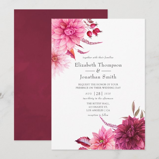 Marsala - Burgundy and Pink Autumn Fall Wedding Invitation (Front/Back)