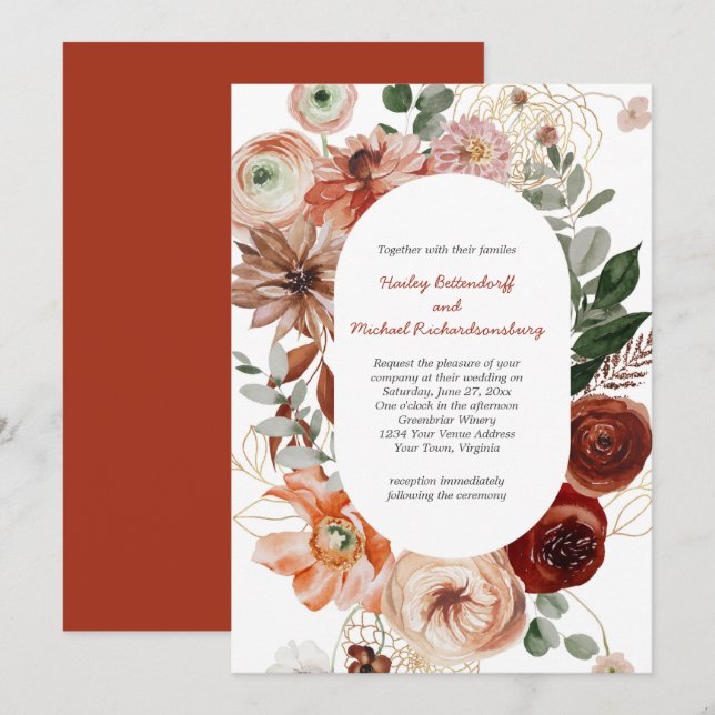 Marsala Burgundy Blush Fall Floral Wedding Invitat Invitation (Front/Back)