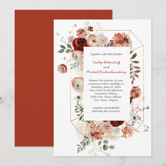 Marsala Burgundy Blush Fall Floral Wedding Invitation (Front/Back)
