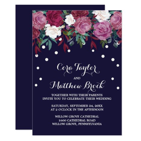 Marsala Burgundy &amp; Blush Floral on Navy Wedding Invitation