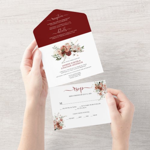 Marsala Burgundy Blush Green Autumn Floral All In One Invitation