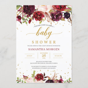 Marsala burgundy blush pink floral baby shower invitation