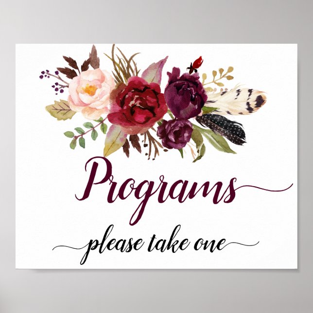 Marsala Burgundy Boho Floral Wedding Programs Sign (Front)