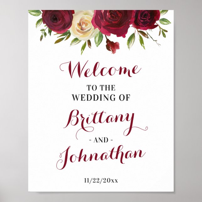 Marsala Burgundy Fall Elegant Wedding Welcome Sign (Front)