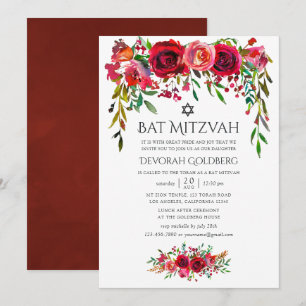 Marsala-Burgundy Floral Bat Mitzvah Invitation