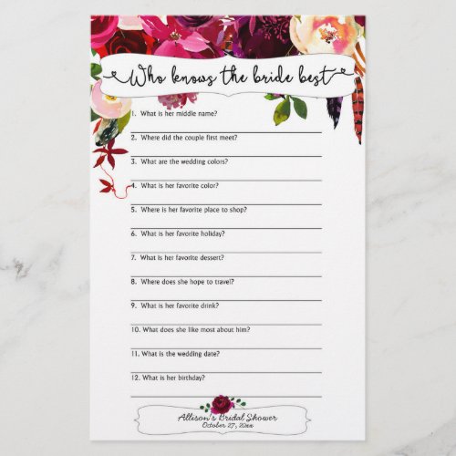 Marsala Burgundy Floral Bridal Shower Games